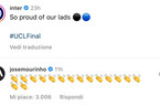 Instagram, Mourinho commenta con gli applausi un post dell’Inter sulla finale di Champions (FOTO)